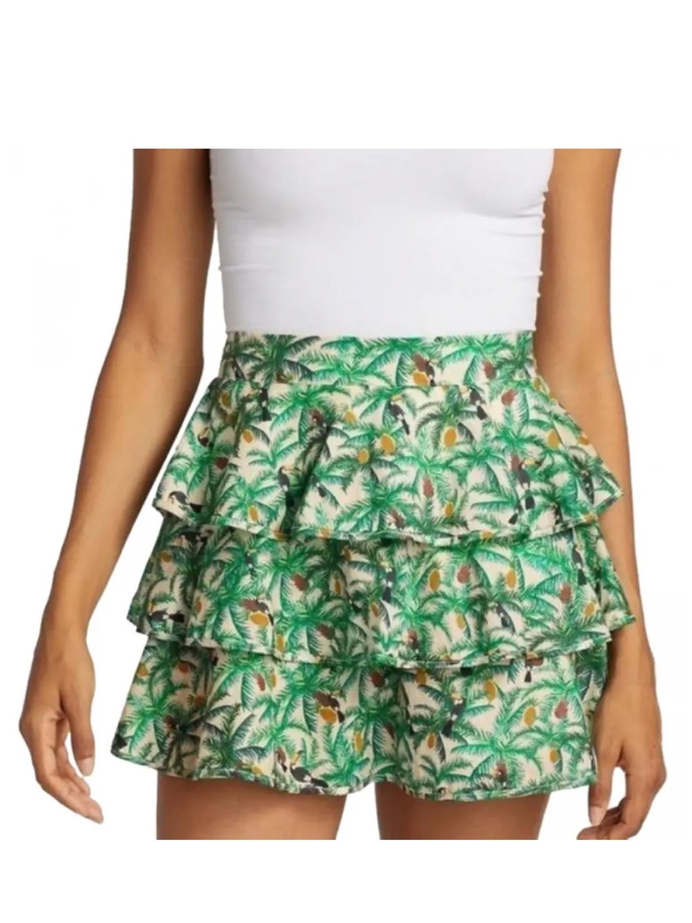 Farm Rio Tropical Toucans Print Ruffles Layered Mini Skirt